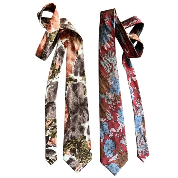 Lot 2X Girun Hand Made Pure 100% Silk Ties Floral Lush Red Blue Brown - Picture 5 of 6
